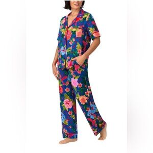 NWT Room Service Women's Notch Collar Pajama Set Blue Ground Flower Print XS